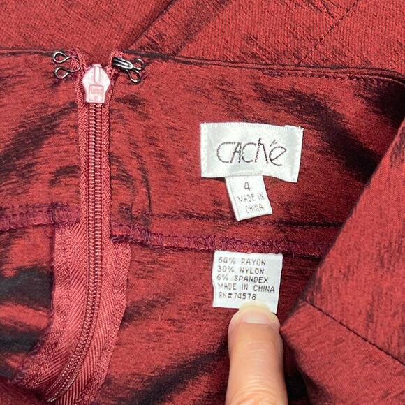 Vintage Caché Cranberry Metallic Sheen 9" Slit Pencil Skirt Stretch Size 4 - Picture 3 of 4